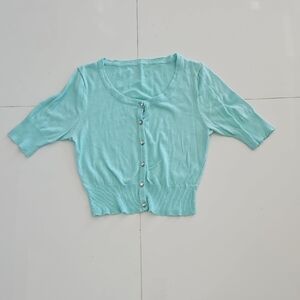 Soft Acrylic Aqua Short Sleeve Button-Down Crop Cardigan